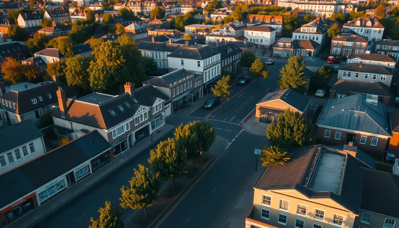 Soft aerial view of a small city centre with shopfronts at golden hour
