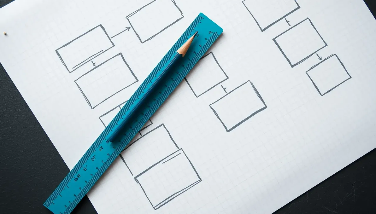 Hand-drawn website architecture boxes on grid paper with a pencil
