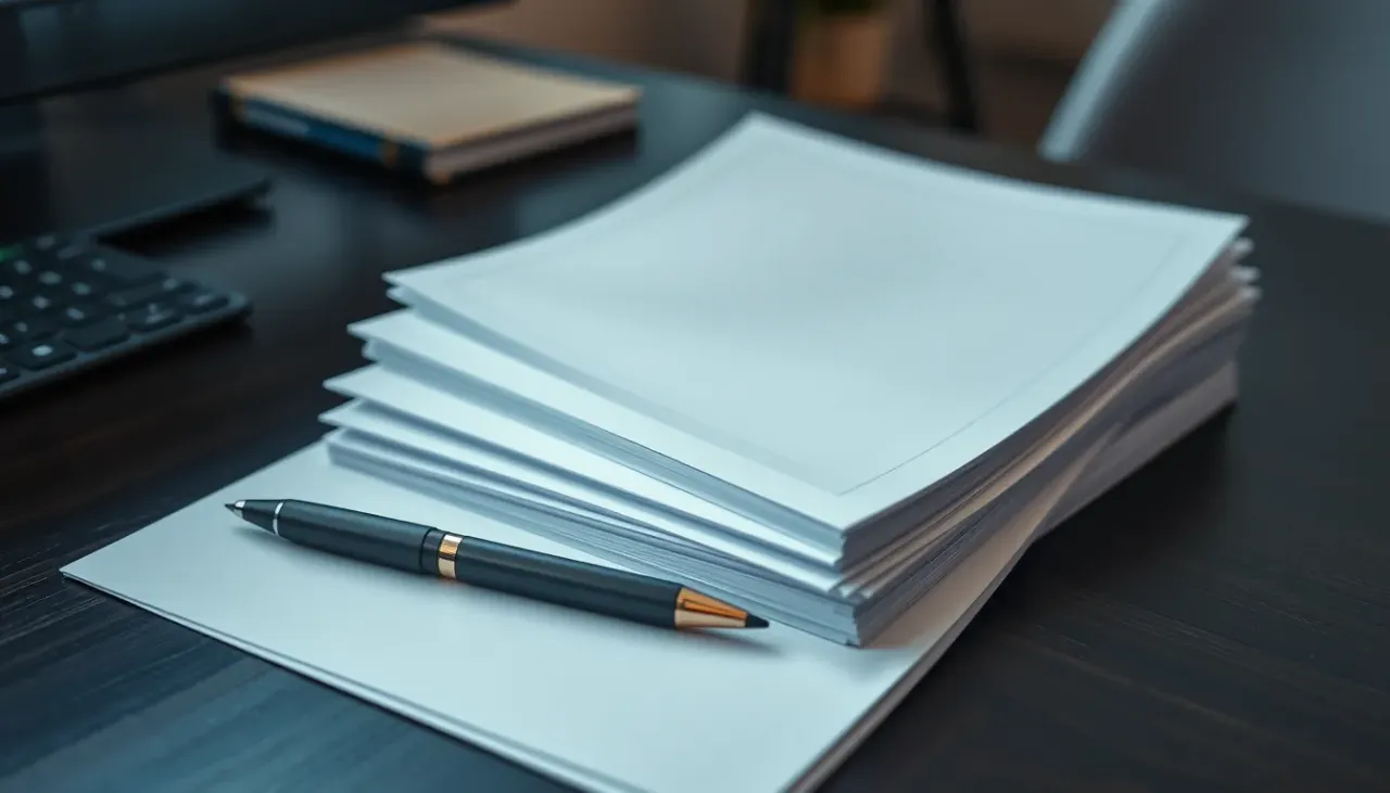 Blank printed report covers stacked on a desk, ready for an agency handoff
