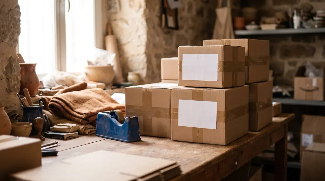 Packaged parcels and a small merchant workspace in warm natural light