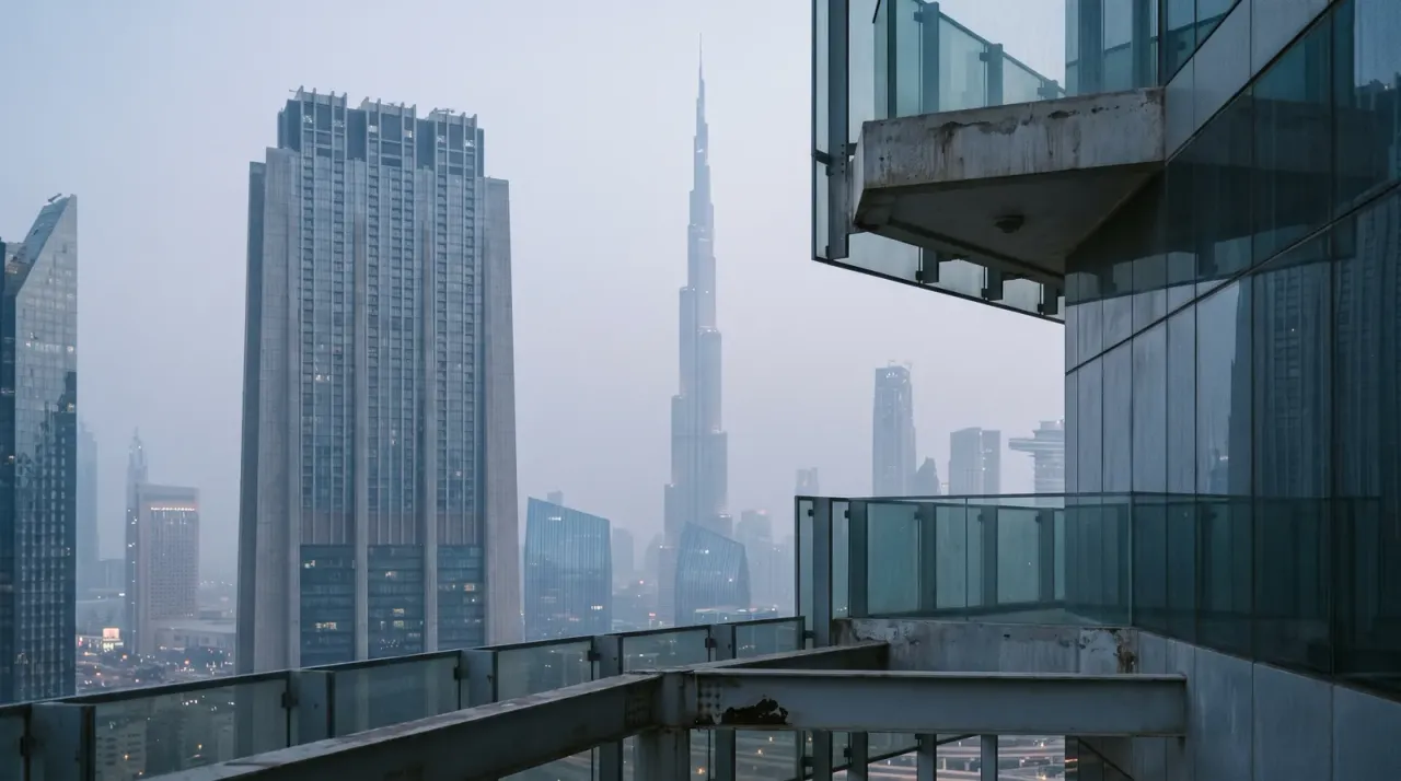 Modern Dubai buildings viewed in soft light beside a quiet workspace